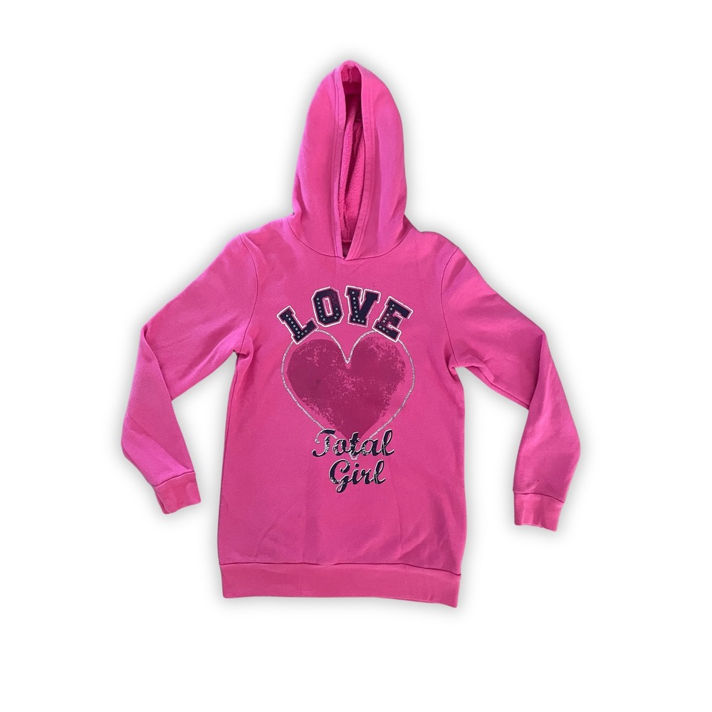 Total Girl Kids Pink Love Heart Graphic Pullover Hoodie Size L 14-16